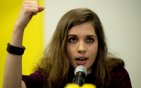 Nadezhda Tolokonnikova of Pussy Riot speaks at a conference on Feb. 4, 2014, in New York.